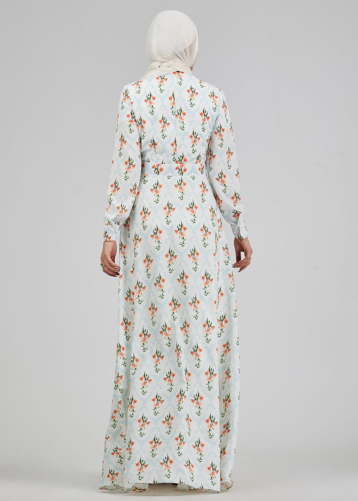 Full view of Floral Satin High Neck Maxi Dress on model