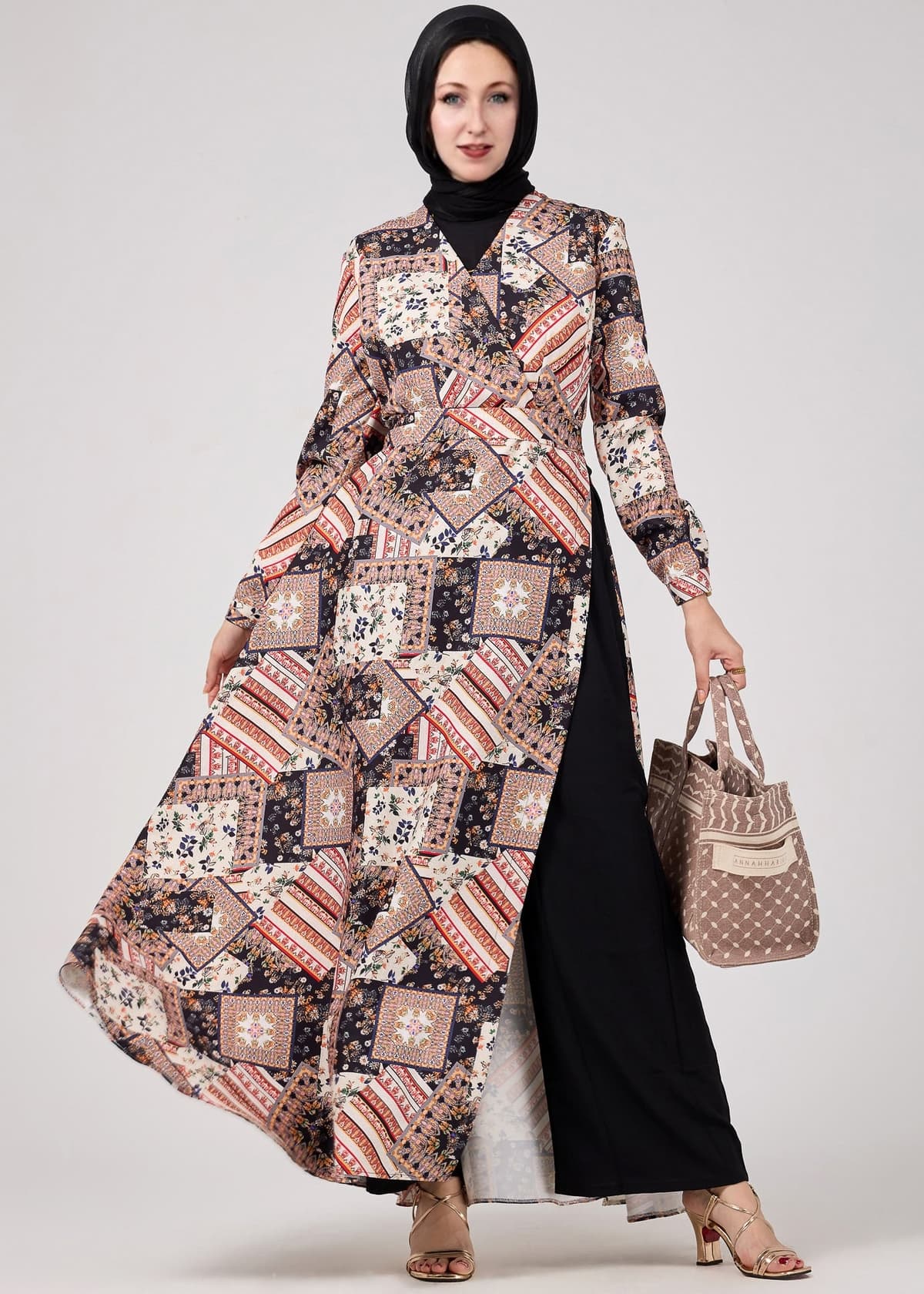 Front view of the Vienna Mosaic Printed Wrap Maxi Dress