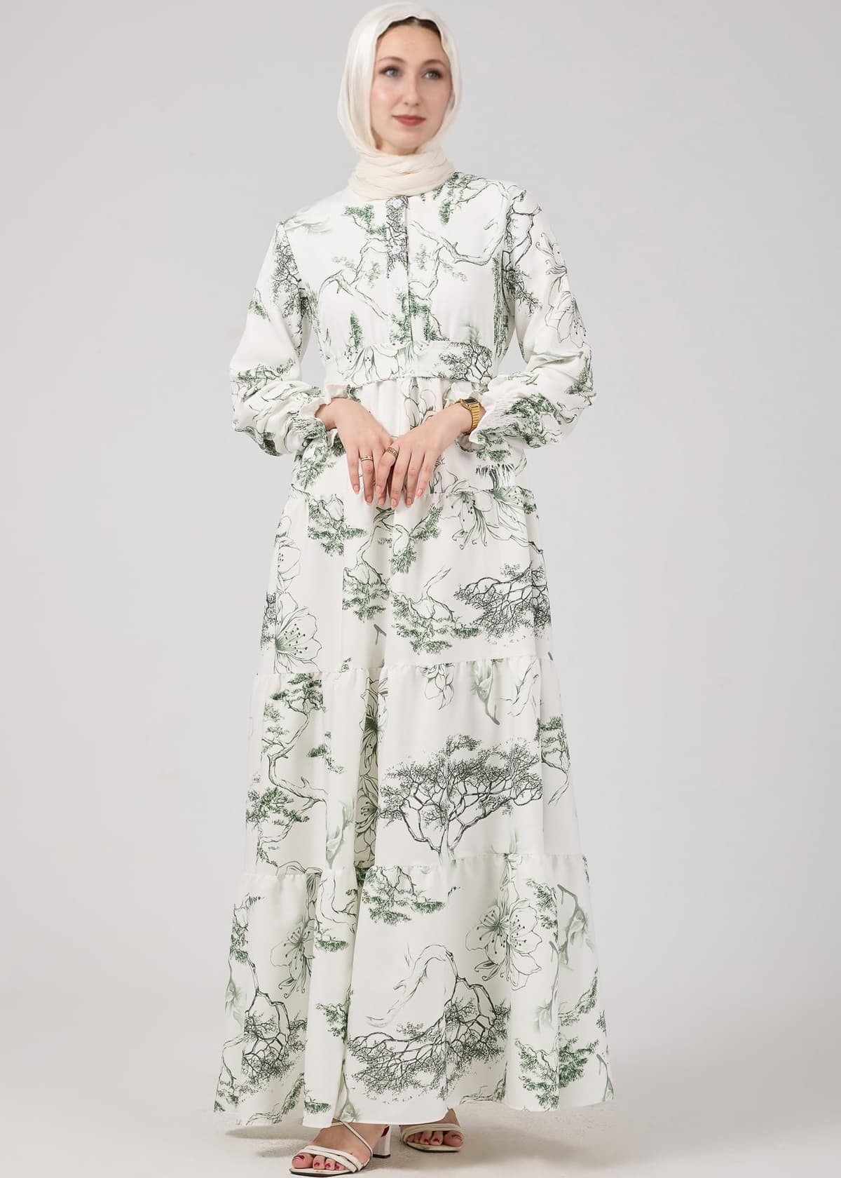 Elegance Flora Crepe Maxi Dress botanical print close-up
