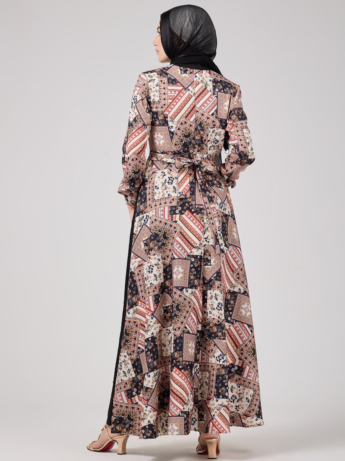 Belted back design of the Vienna Mosaic Printed Wrap Maxi Dress
