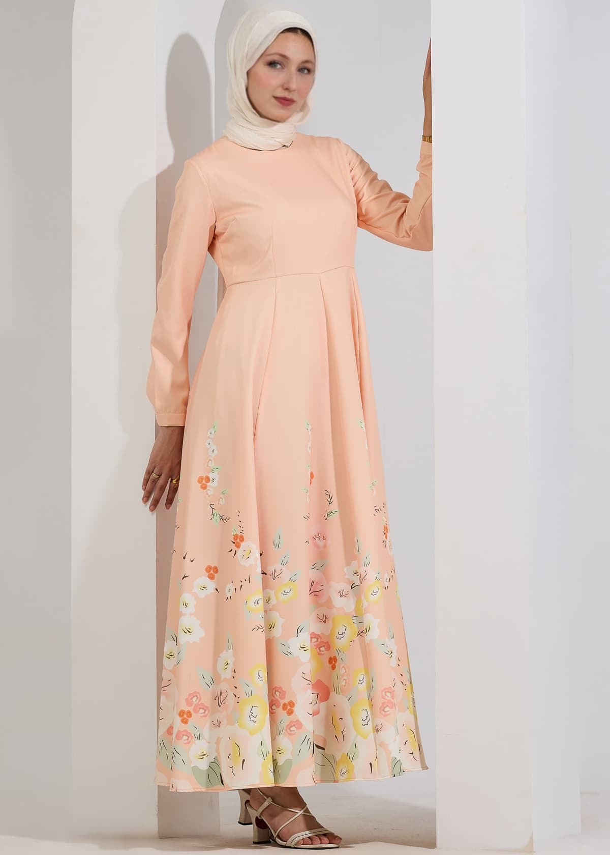 Rania Ethereal Bloom Modest Maxi Dress in Pastel Peach with Floral Hem