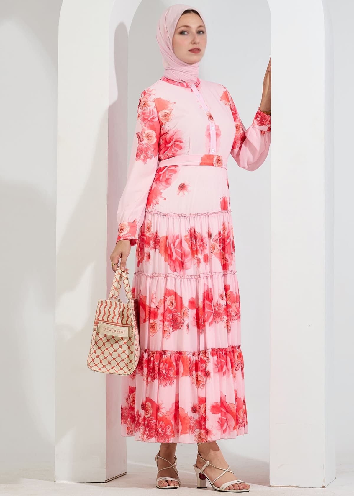 Layla Ethereal Chiffon Maxi Dress with Vibrant Floral Print in coral, view 5