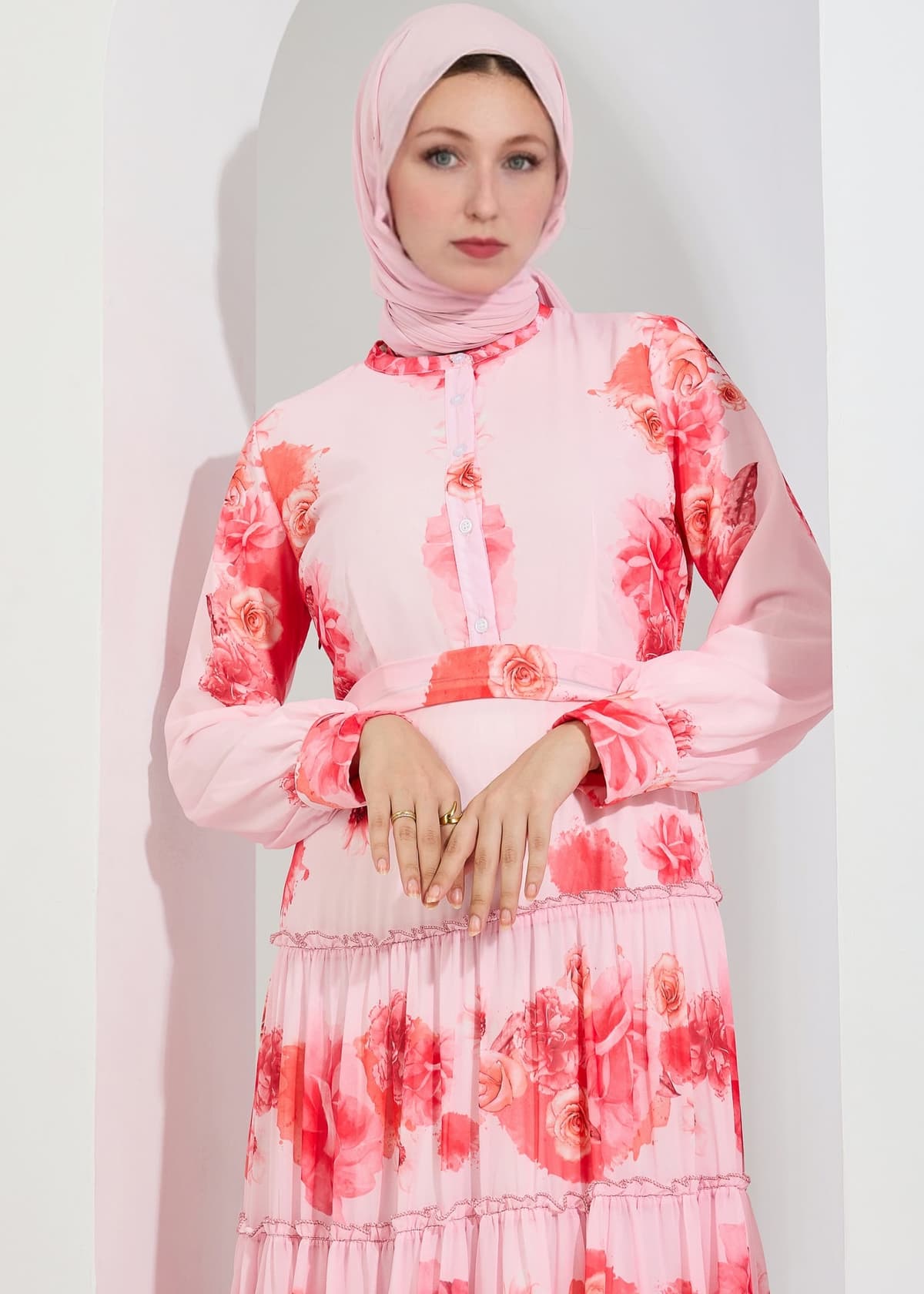 Layla Ethereal Chiffon Maxi Dress with Vibrant Floral Print in coral, view 3