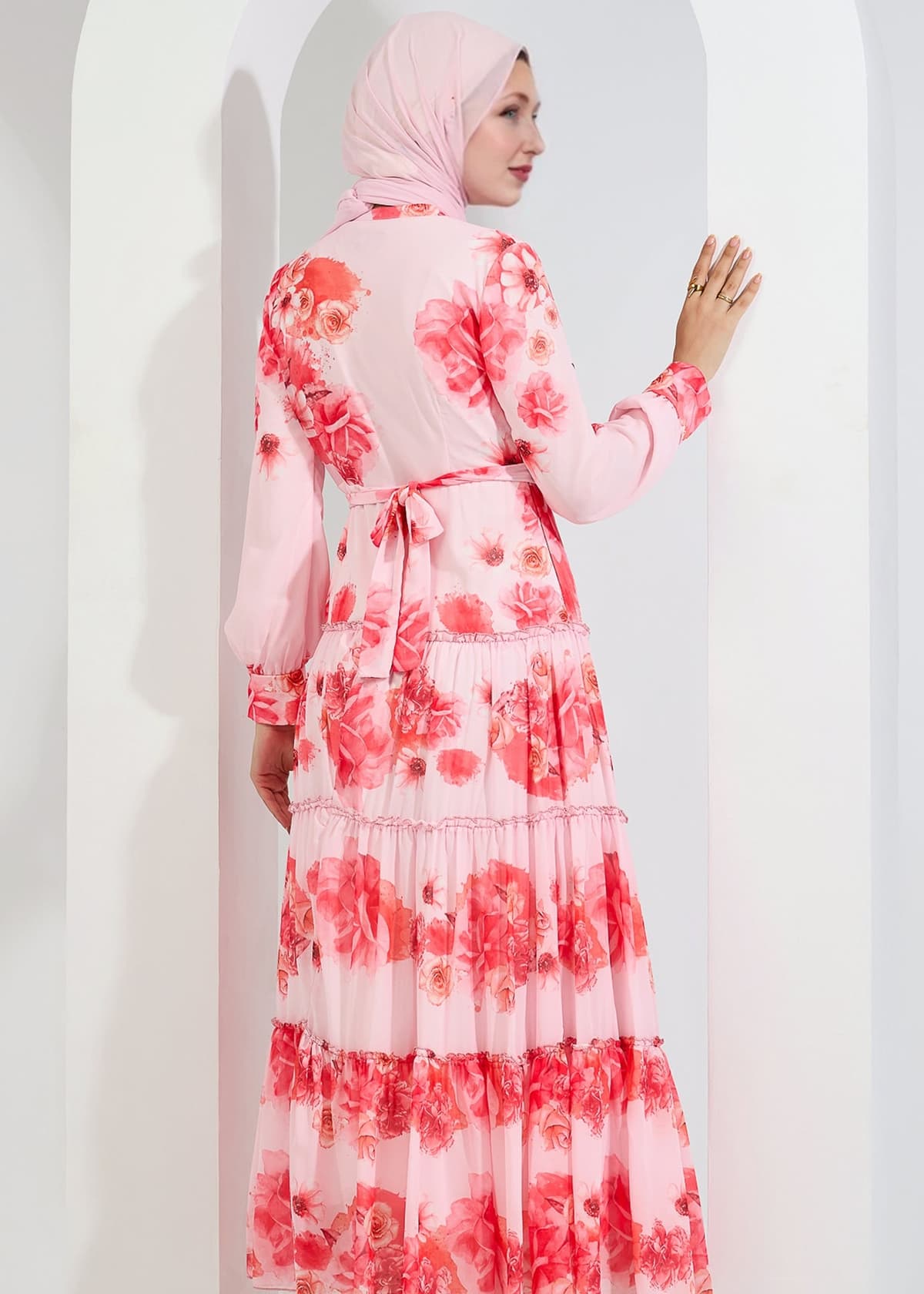 Layla Ethereal Chiffon Maxi Dress with Vibrant Floral Print in coral, view 8
