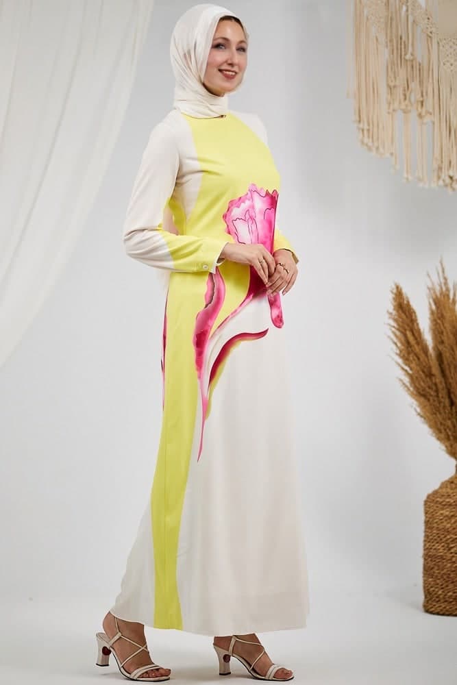Fatina Elegant Satin Floral Maxi Dress with Side Panel Details in lemonade, view 3