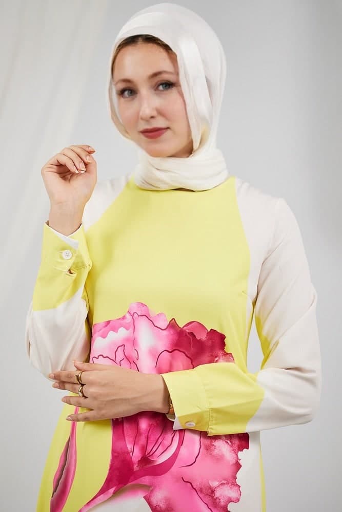 Fatina Elegant Satin Floral Maxi Dress with Side Panel Details in lemonade, view 6