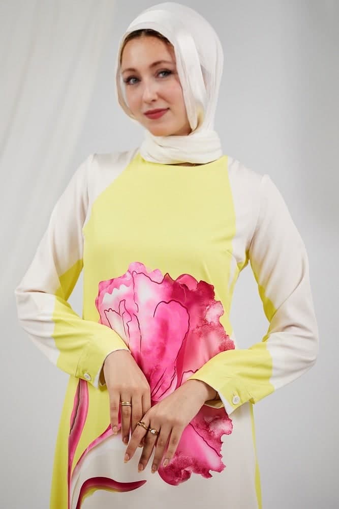 Fatina Elegant Satin Floral Maxi Dress with Side Panel Details in lemonade, view 5