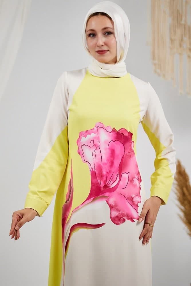 Fatina Elegant Satin Floral Maxi Dress with Side Panel Details in lemonade, view 4