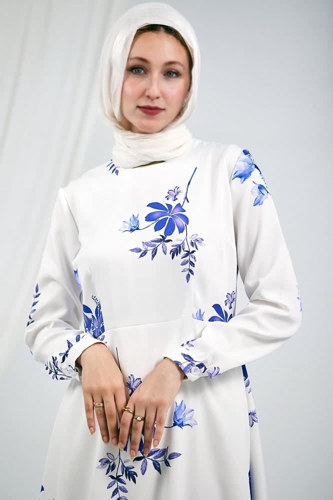 Fatimah Elegant Floral Crepe Polyester Maxi Dress with Long Sleeves in white, view 5