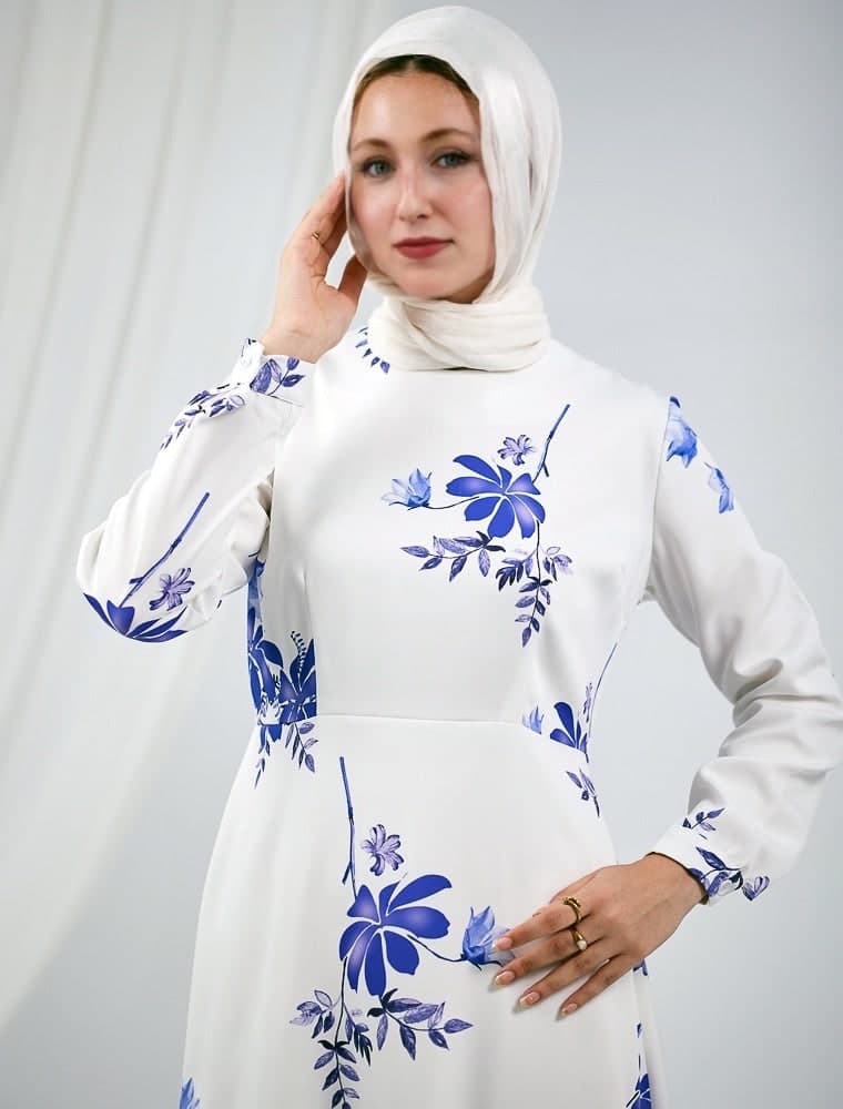 Fatimah Elegant Floral Crepe Polyester Maxi Dress with Long Sleeves in white, view 4