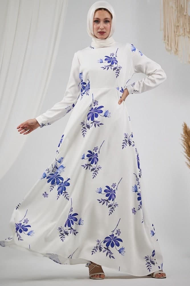 Fatimah Elegant Floral Crepe Polyester Maxi Dress with Long Sleeves in white, view 3