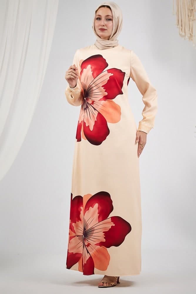 Lujainah Blossom Elegance Crepe Polyester Maxi Dress with Bold Floral Design in beige, view 4