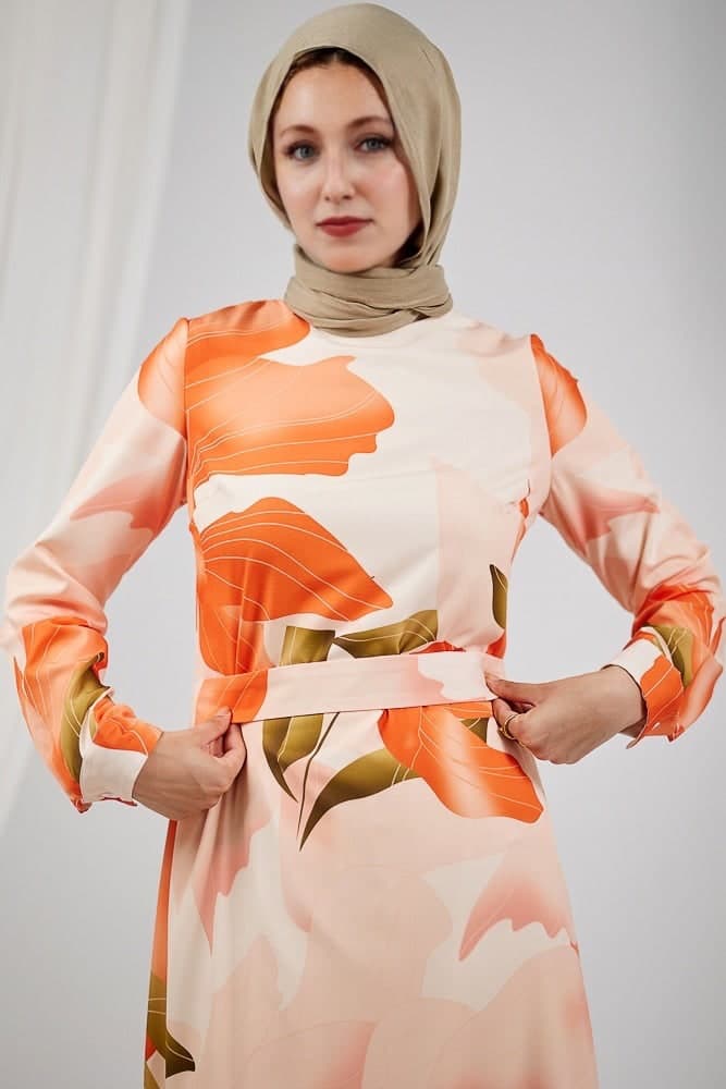 Cuff detail on the Peach Floral Satin Maxi Dress with buttons