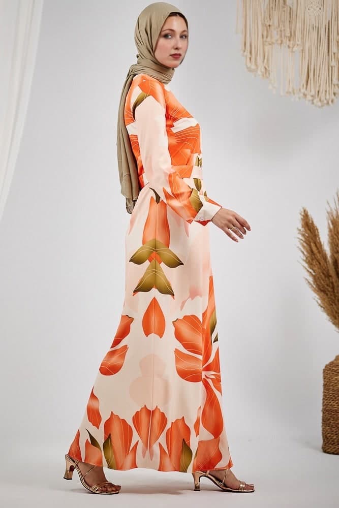 Close-up of Peach Floral Satin Maxi Dress showing details of floral print