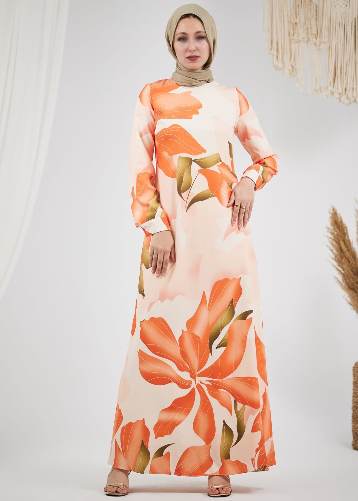Close-up of satin fabric on Peach Floral Maxi Dress