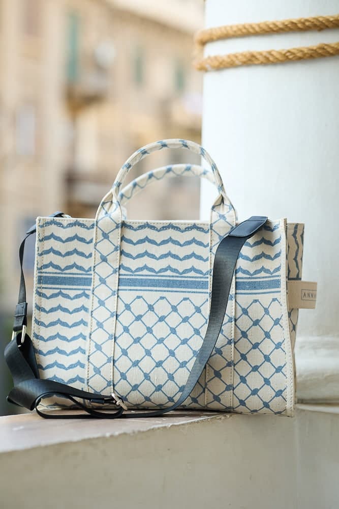 Blue and Cream Keffiyeh Pattern Medium Tote - Durable Cotton Canvas Design, view 4
