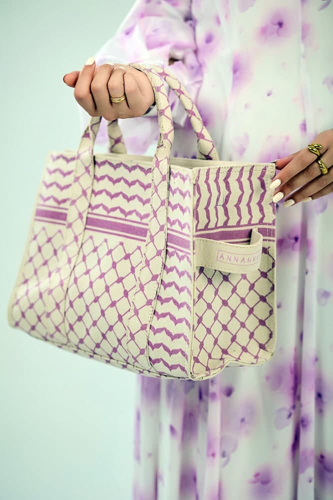 Stylish Medium Tote with Pink Keffiyeh Pattern - Durable Cotton Canvas, view 5
