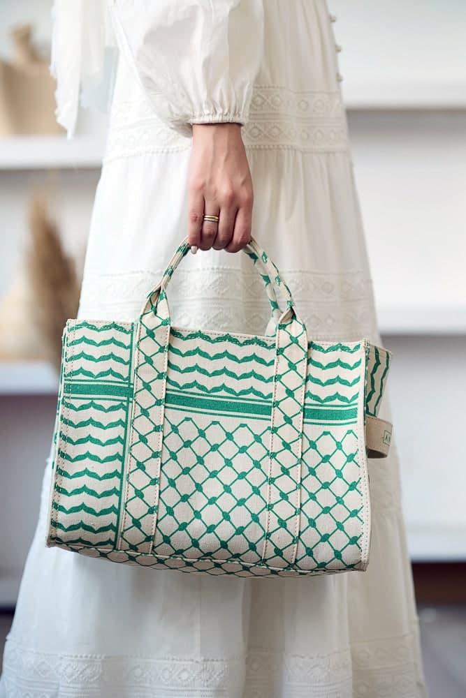 Green and Cream Keffiyeh Pattern Medium Tote - Timeless Cotton Canvas Design, view 3
