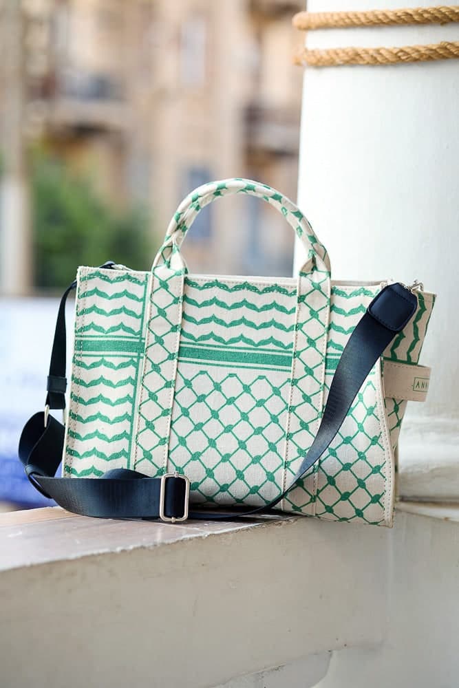 Green and Cream Keffiyeh Pattern Medium Tote - Timeless Cotton Canvas Design, view 4