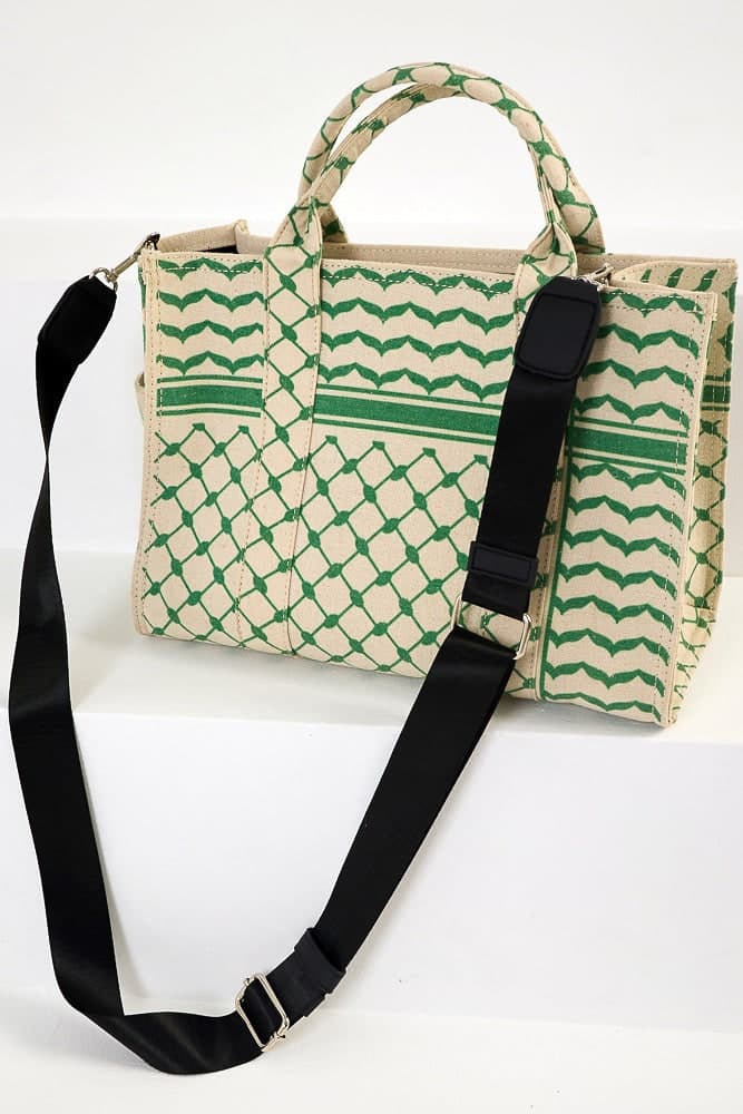 Green and Cream Keffiyeh Pattern Medium Tote - Timeless Cotton Canvas Design, view 6