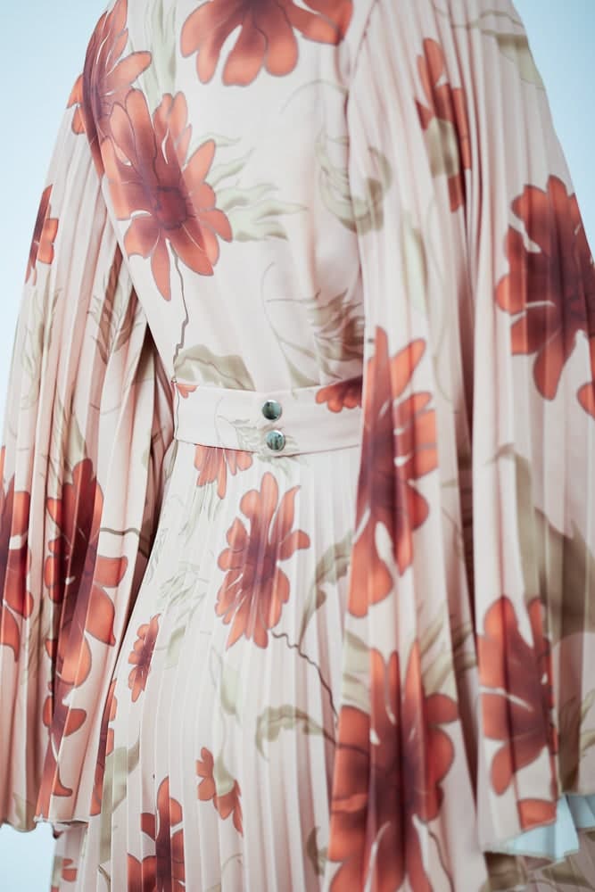 Naya Elegance Crepe Maxi Dress with Pleated Bell Sleeves in Bold Floral Print in peach, view 6