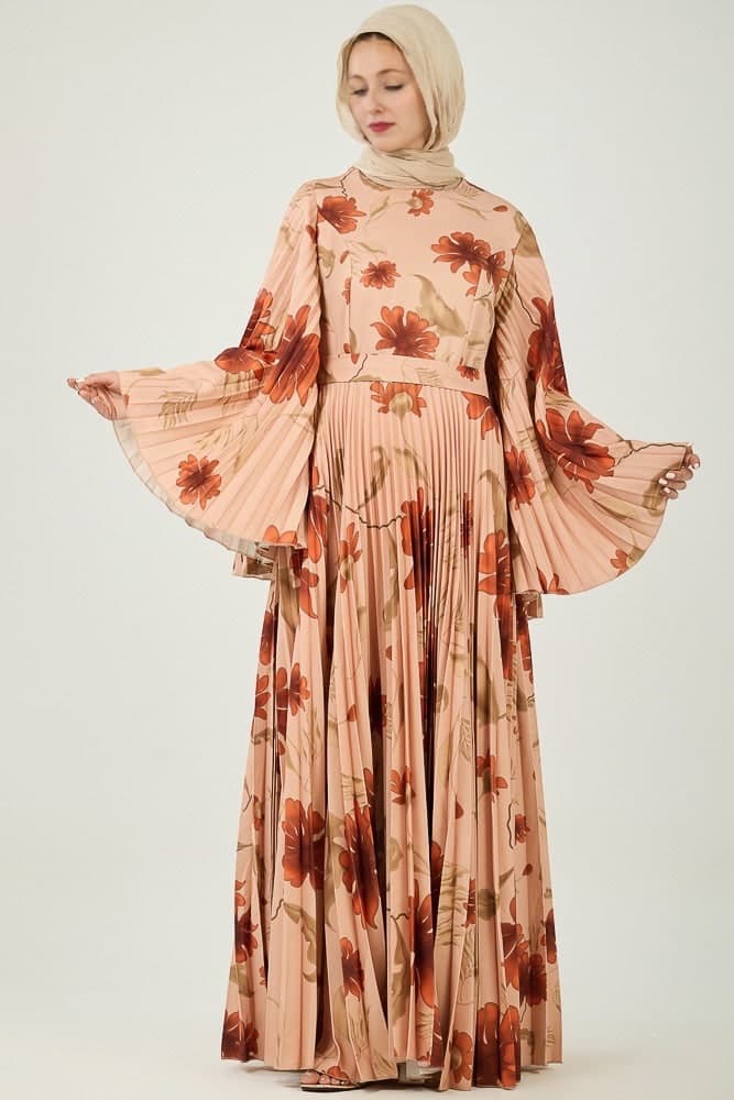 Naya Elegance Crepe Maxi Dress with Pleated Bell Sleeves in Bold Floral Print in peach, view 3