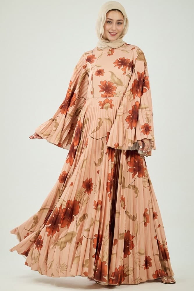 Naya Elegance Crepe Maxi Dress with Pleated Bell Sleeves in Bold Floral Print in peach, view 5