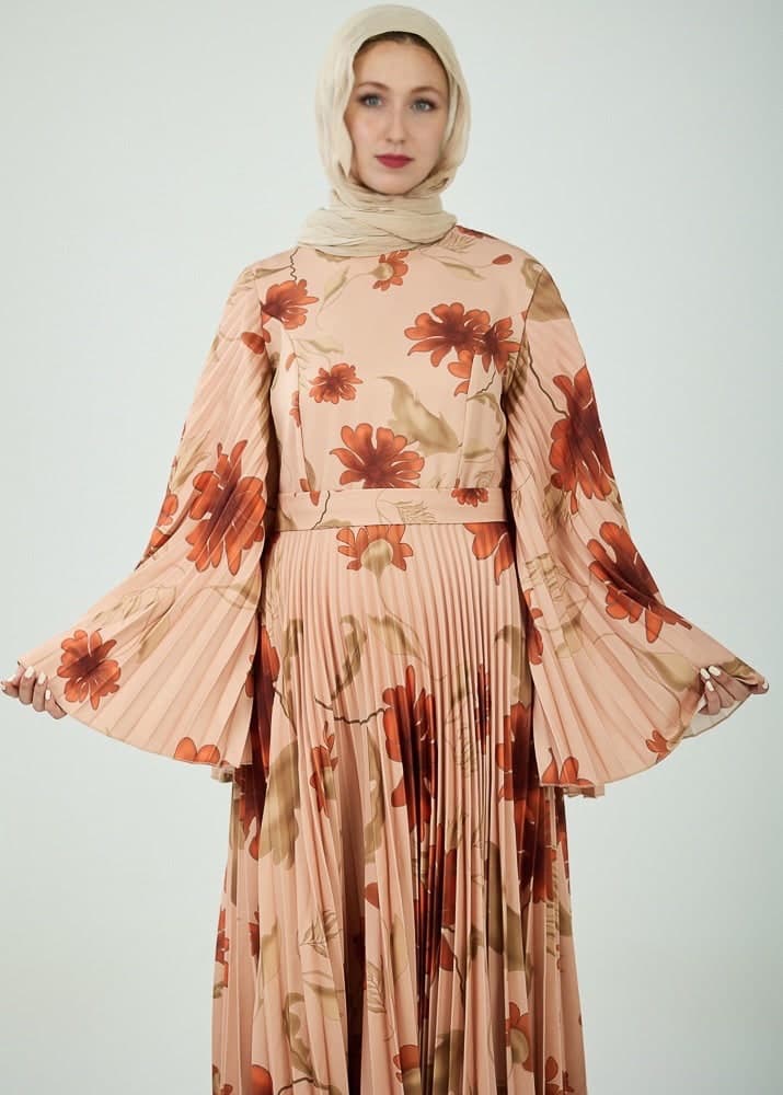 Naya Elegance Crepe Maxi Dress with Pleated Bell Sleeves in Bold Floral Print in peach, view 4