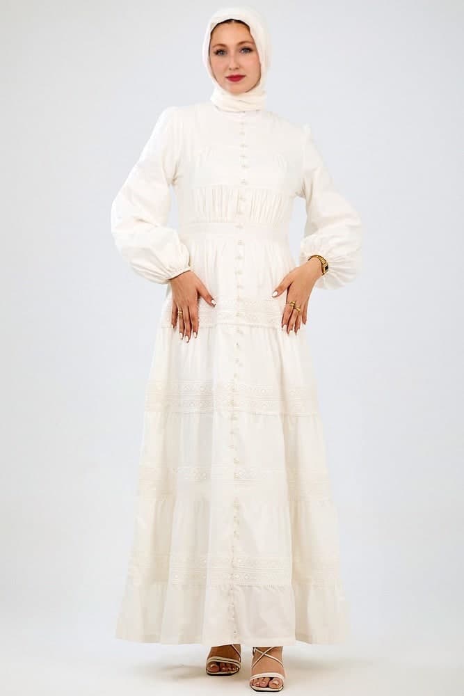 Manisa Long Sleeve Boho Maxi Dress with Delicate Mock Buttons and Lace Detail Skirt in White in ivory, view 7