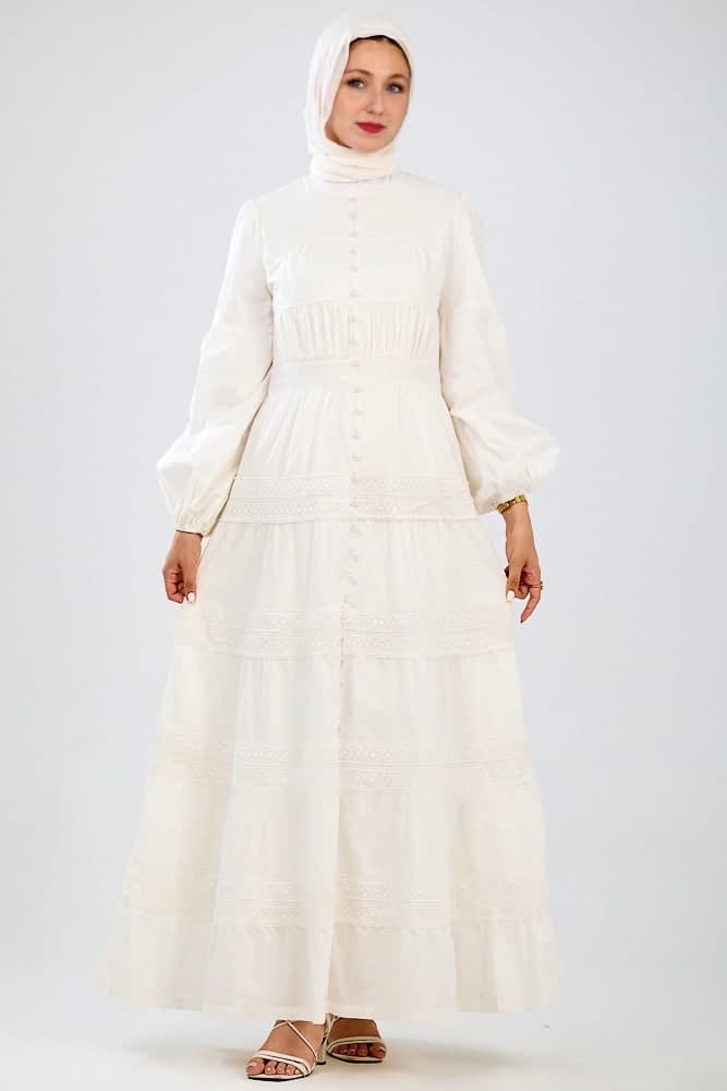 Manisa Long Sleeve Boho Maxi Dress with Delicate Mock Buttons and Lace Detail Skirt in White in ivory, view 4