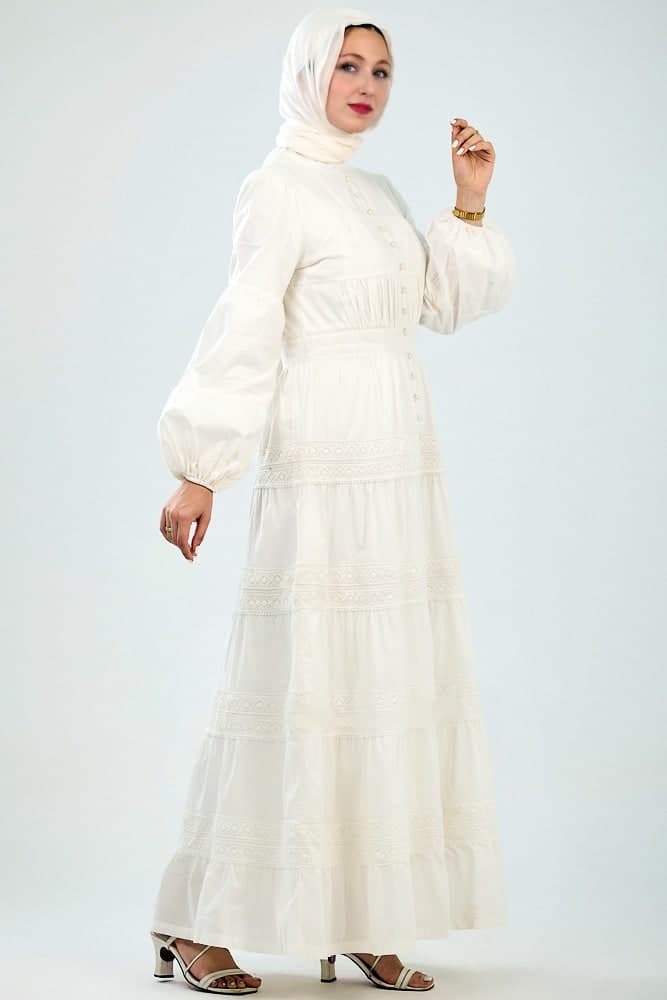 Manisa Long Sleeve Boho Maxi Dress with Delicate Mock Buttons and Lace Detail Skirt in White in ivory, view 6