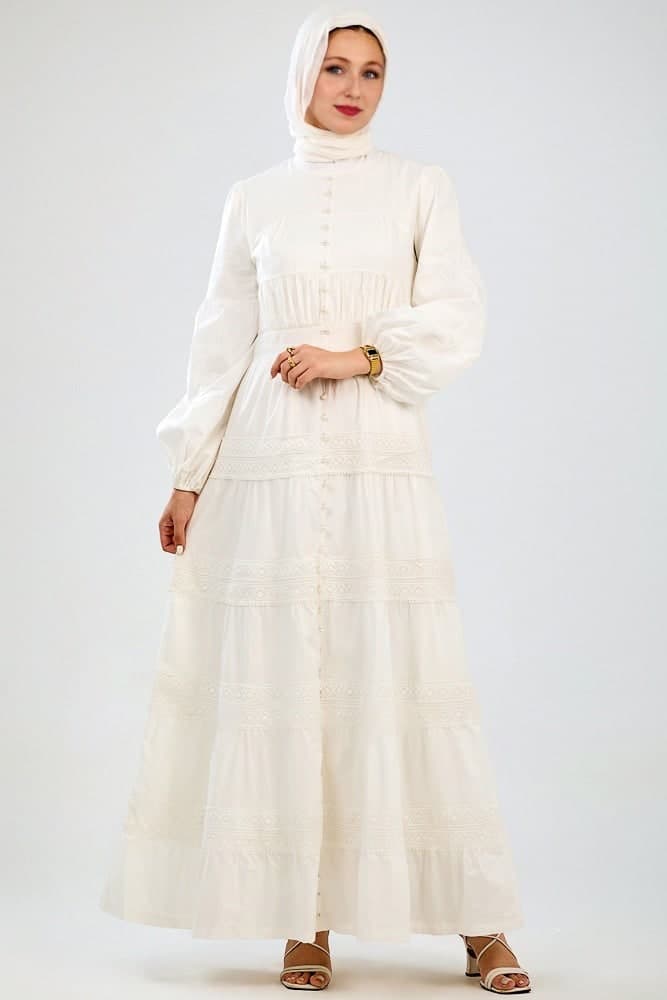 Manisa Long Sleeve Boho Maxi Dress with Delicate Mock Buttons and Lace Detail Skirt in White in ivory, view 5