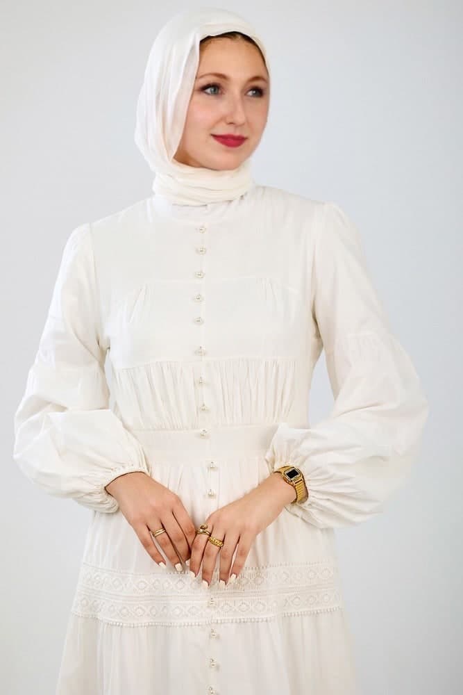 Manisa Long Sleeve Boho Maxi Dress with Delicate Mock Buttons and Lace Detail Skirt in White in ivory, view 8