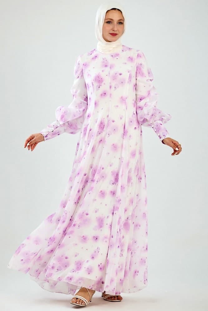 Basma Flared Sleeve High Neck Maxi Dress in Floral Chiffon in lavender floral, view 5