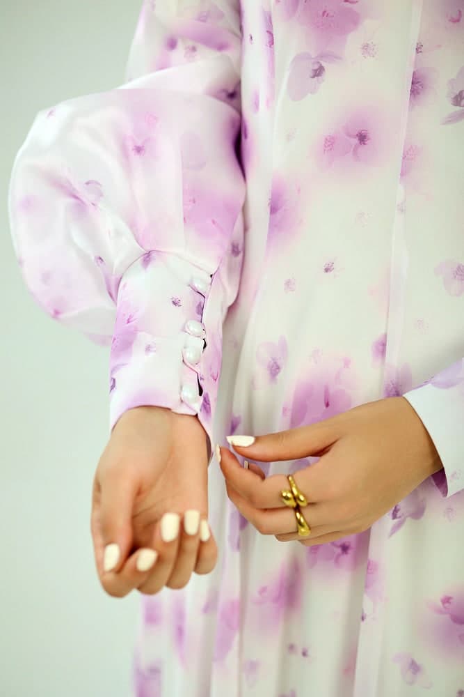 Basma Flared Sleeve High Neck Maxi Dress in Floral Chiffon in lavender floral, view 8