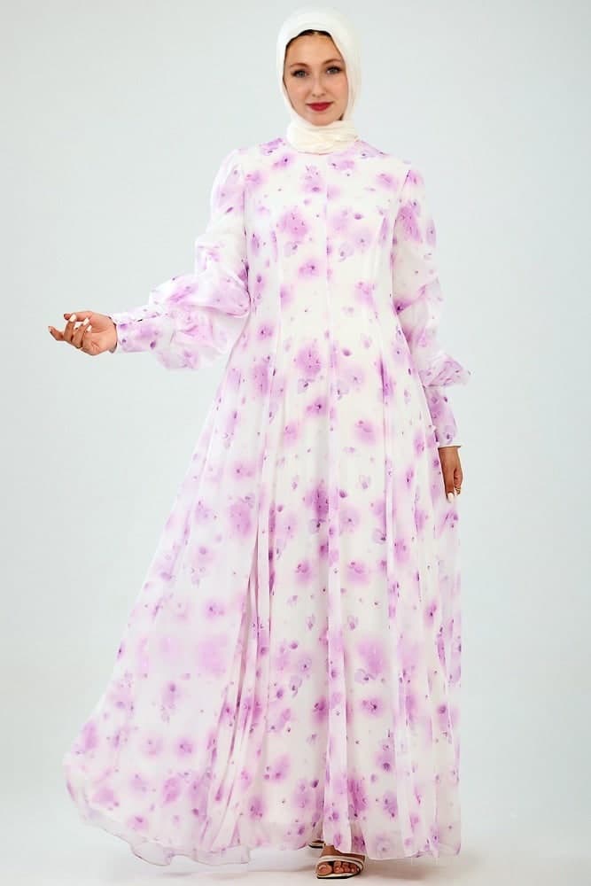 Basma Flared Sleeve High Neck Maxi Dress in Floral Chiffon in lavender floral, view 4