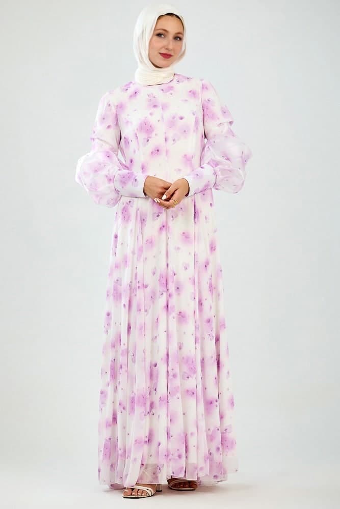Basma Flared Sleeve High Neck Maxi Dress in Floral Chiffon in lavender floral, view 6