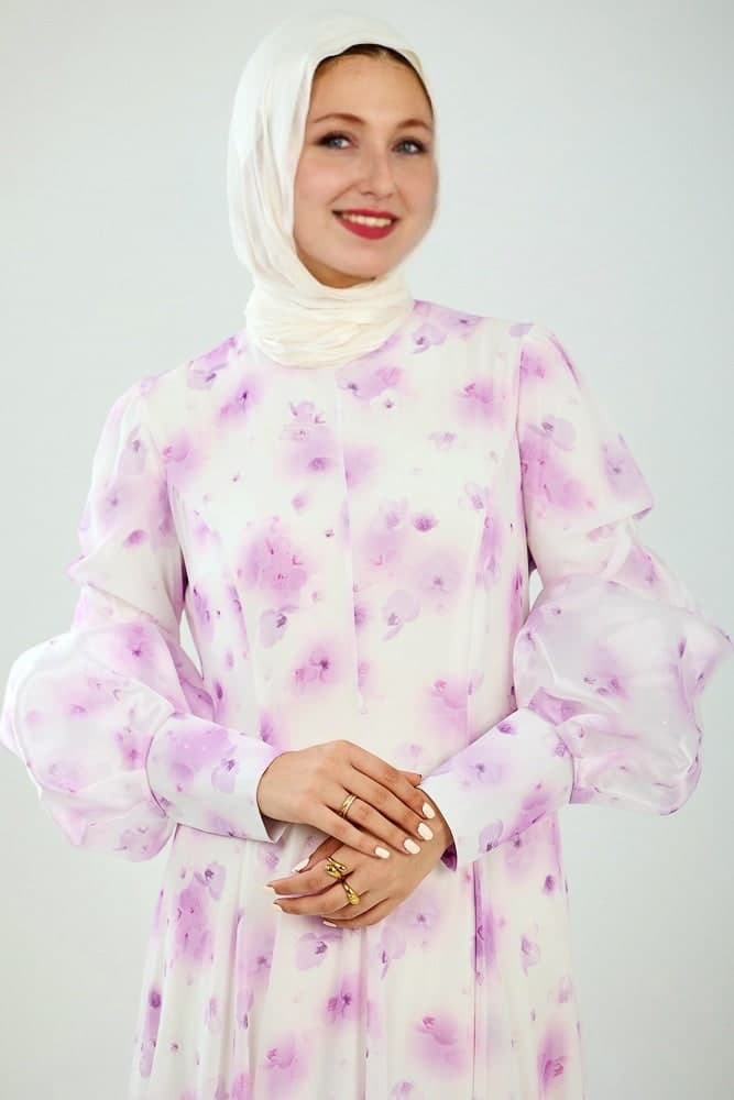 Basma Flared Sleeve High Neck Maxi Dress in Floral Chiffon in lavender floral, view 7