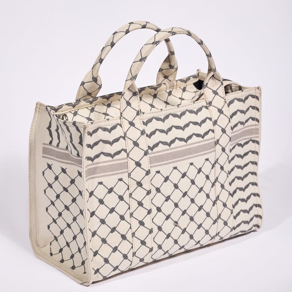 Classic Medium Tote with Keffiyeh Pattern - Textural Cotton Canvas in beige, view 6