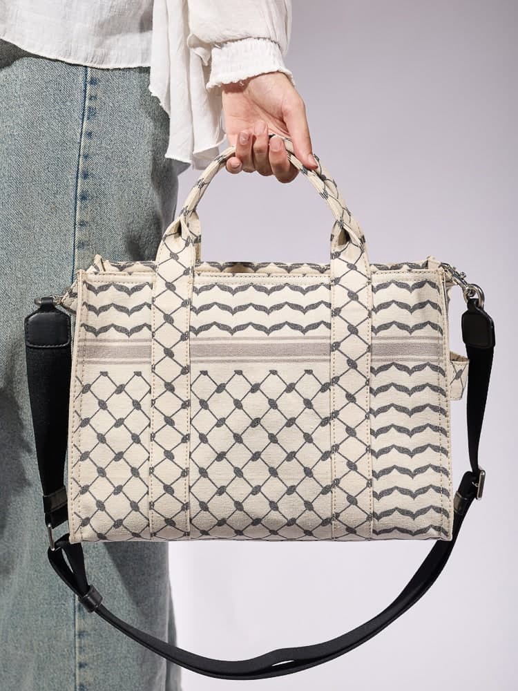 Classic Medium Tote with Keffiyeh Pattern - Textural Cotton Canvas in beige, view 13