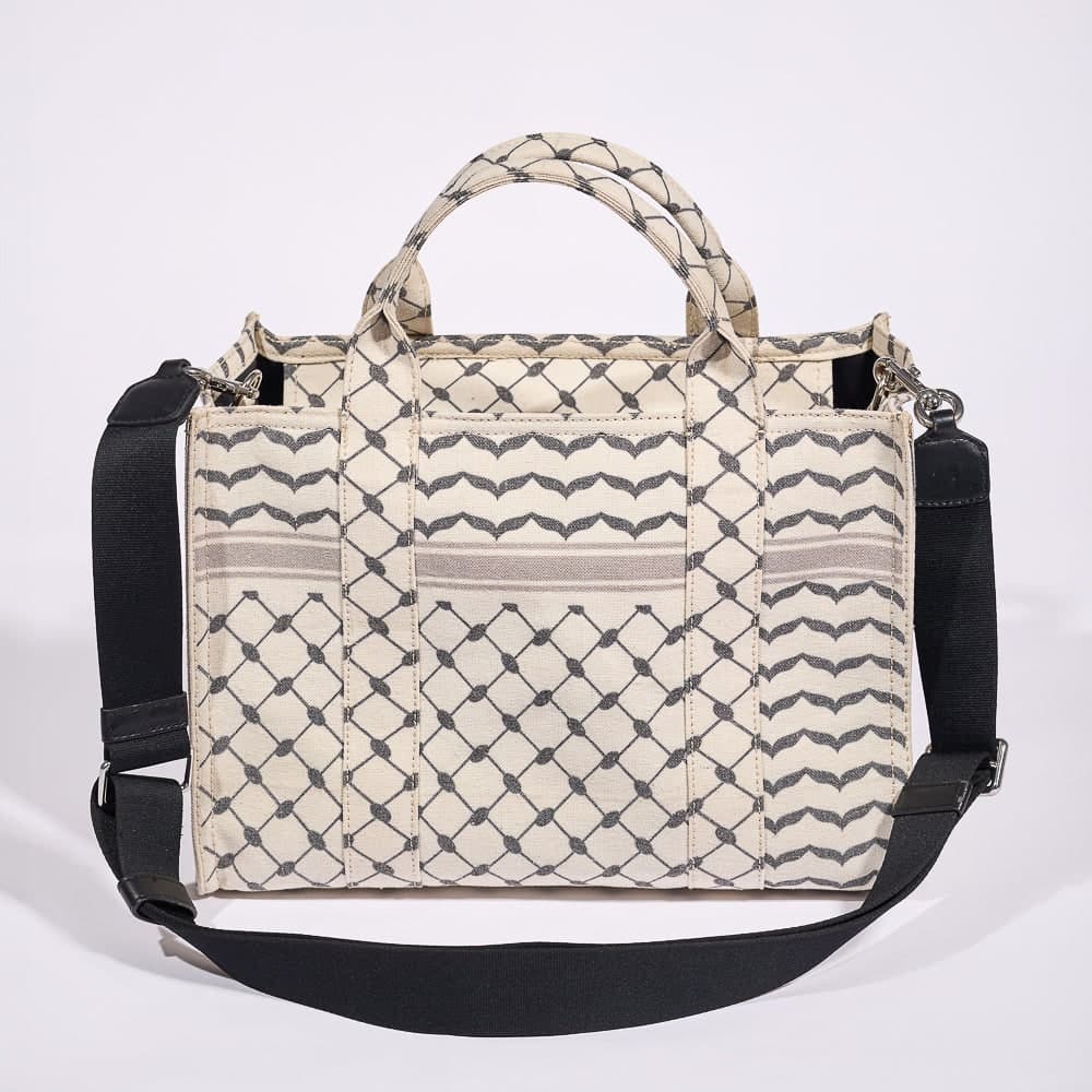 Classic Medium Tote with Keffiyeh Pattern - Textural Cotton Canvas in beige, view 10