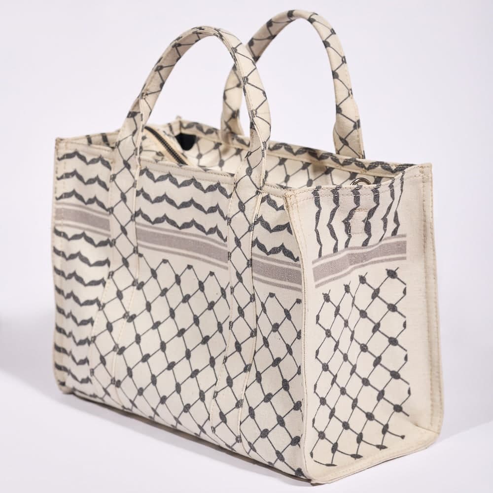 Classic Medium Tote with Keffiyeh Pattern - Textural Cotton Canvas in beige, view 5