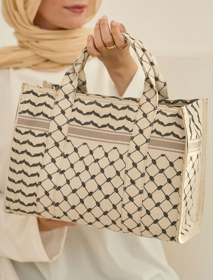 Classic Medium Tote with Keffiyeh Pattern - Textural Cotton Canvas in beige, view 9