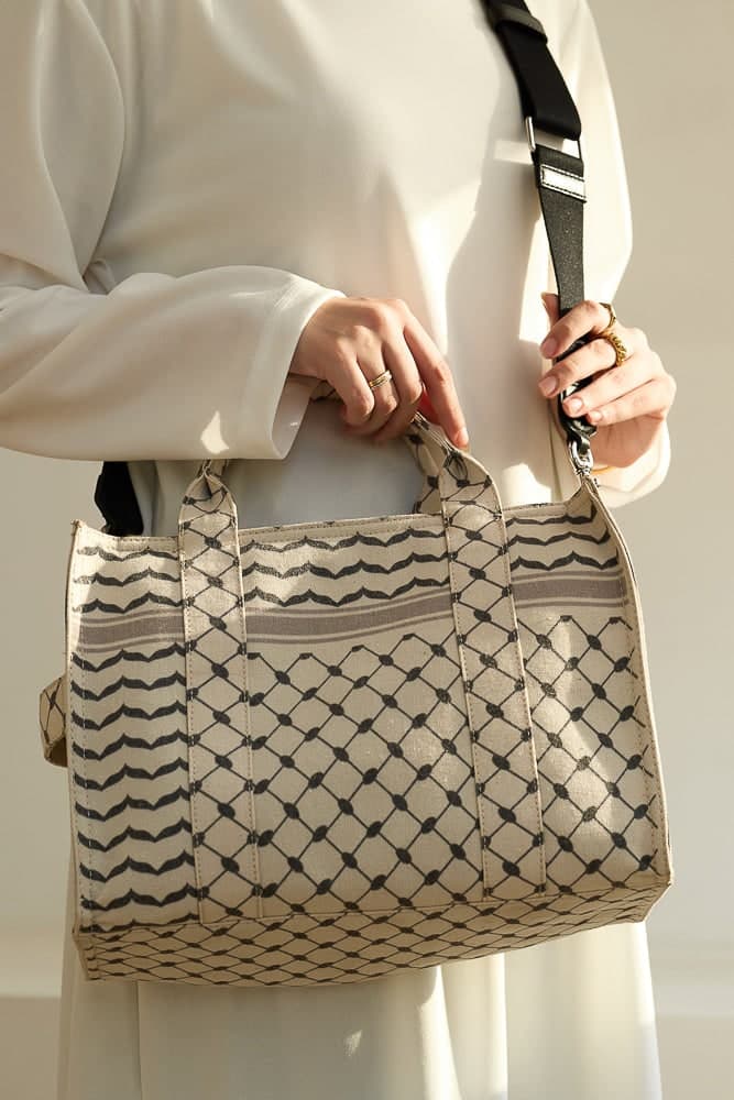 Classic Medium Tote with Keffiyeh Pattern - Textural Cotton Canvas in beige, view 11