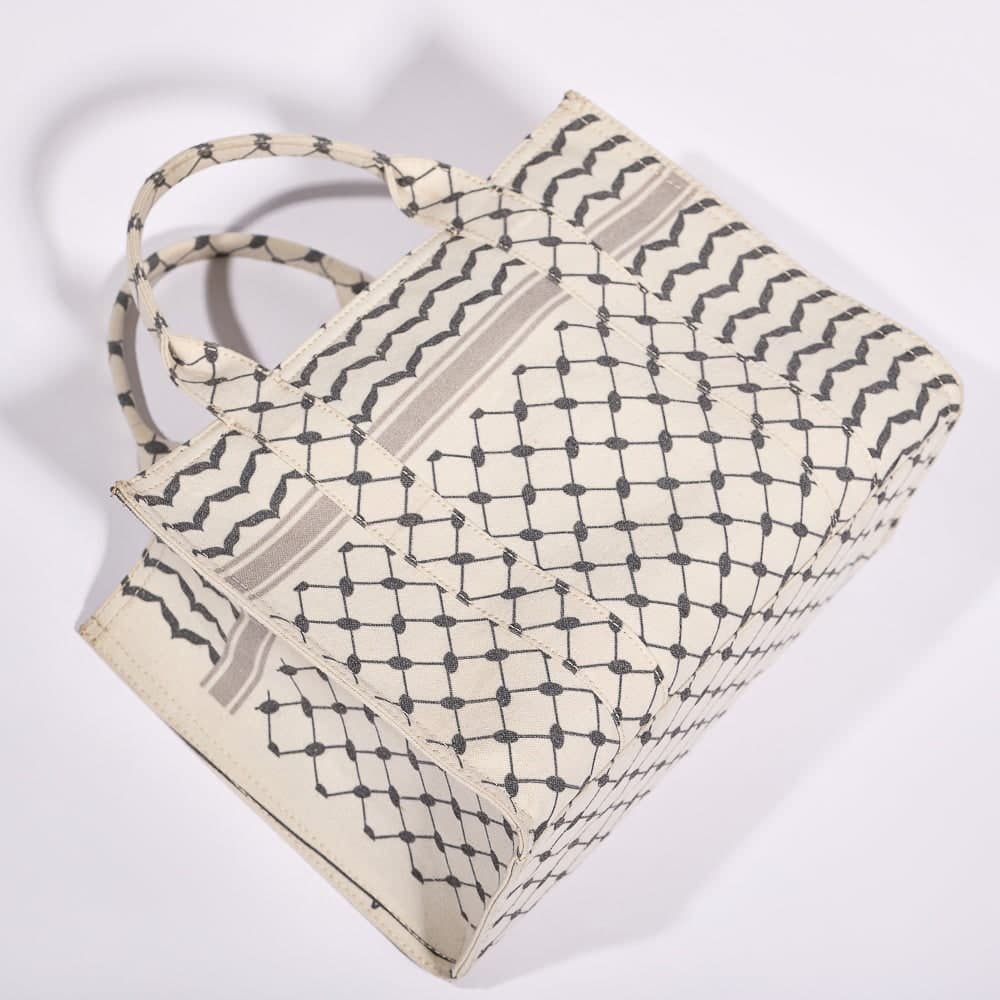 Classic Medium Tote with Keffiyeh Pattern - Textural Cotton Canvas in beige, view 14