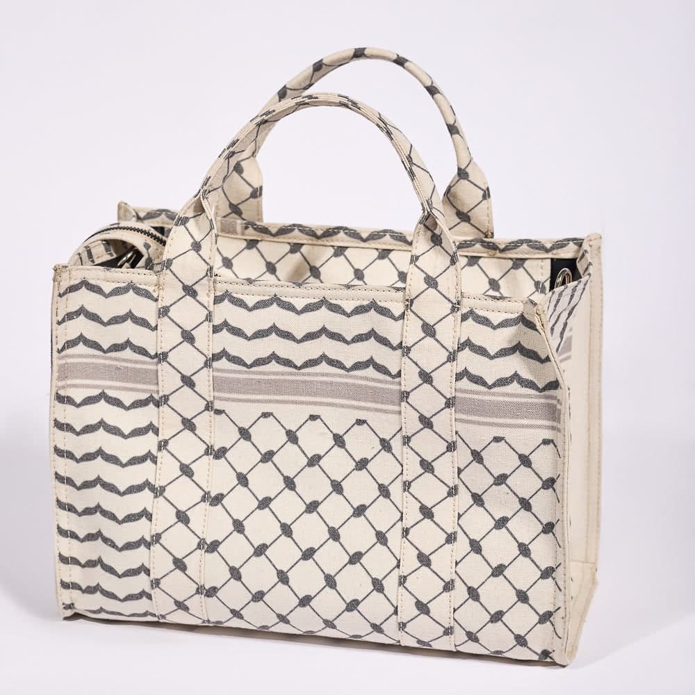 Classic Medium Tote with Keffiyeh Pattern - Textural Cotton Canvas in beige, view 4
