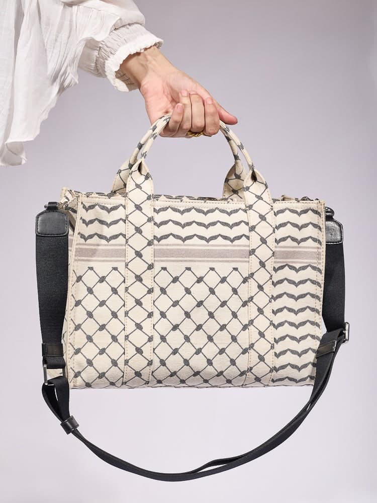 Classic Medium Tote with Keffiyeh Pattern - Textural Cotton Canvas in beige, view 12