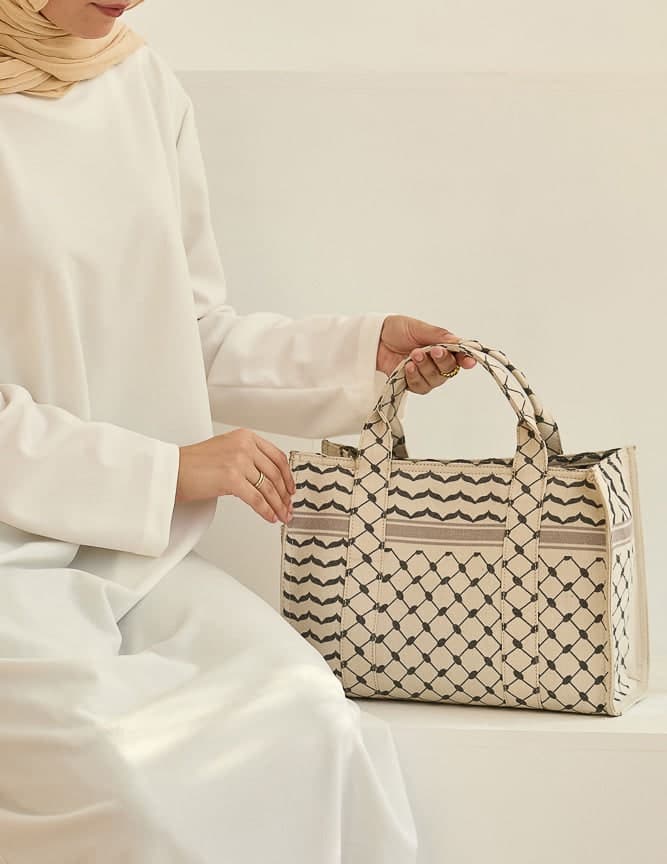 Classic Medium Tote with Keffiyeh Pattern - Textural Cotton Canvas in beige, view 3