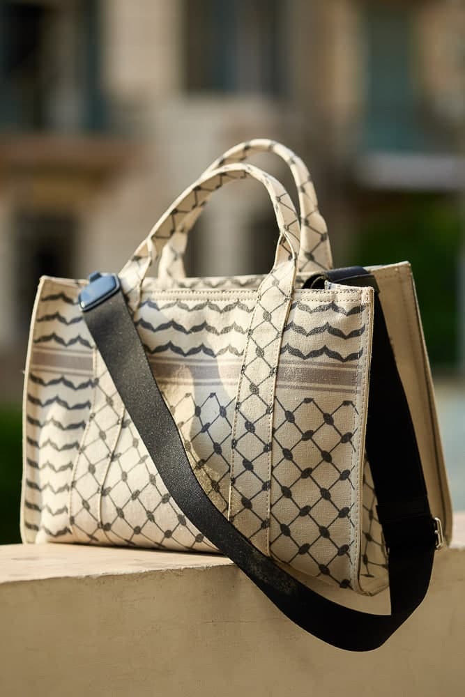 Classic Medium Tote with Keffiyeh Pattern - Textural Cotton Canvas in beige, view 17