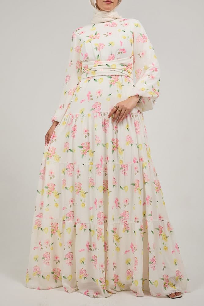 Fenara Floral Harmony Chiffon Maxi Dress with Enchanted Sleeves and Waist Tie in white, view 4
